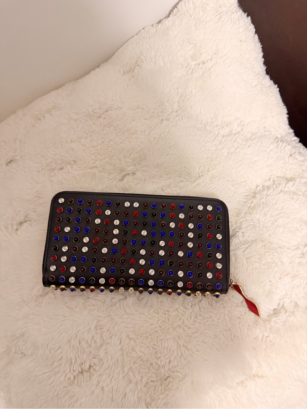 Christian Louboutin Black Zip-Around Wallet with Red, Blue & White Studs